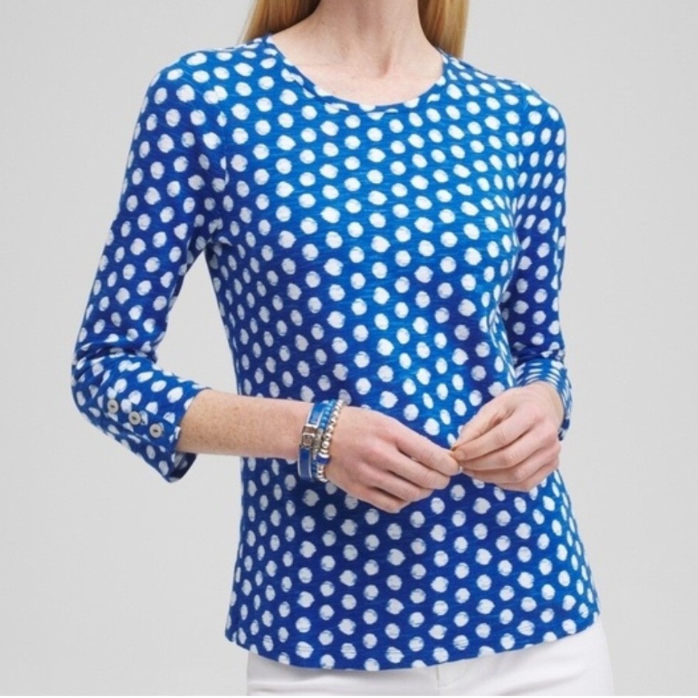 Chico's Blue‎ White Polka Dot 3/4 Sleeve Top Cotton Modal Slub Size 3 XL